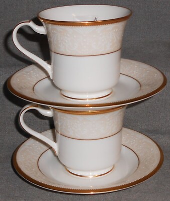 Set (2) Noritake WHITE PALACE PATTERN Bone China CUPS & SAUCERS Made in Japan