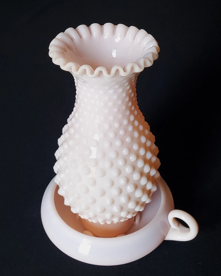Fenton Rose Pink Hobnail Hurricane Lamp Shade Finger Loop Chamber Candle Holder - Image 3 of 4