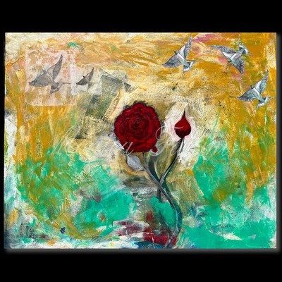 Swallows red Rose Abstract painting  24 x 30 inch ORIGINAL  by Monica Fallini