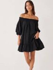 Maeve by Anthropologie Black Flounced Off-The-Shoulder Mini Dress Sz S Boho LBD