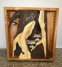 Hand Carved Raccoons In Tree Trunk High Relief Sculpture VTG 1990 Artist Signed