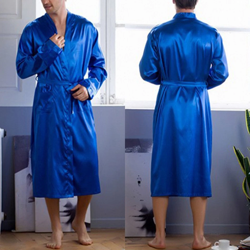 Mens Nightgown Sleepwear Cardigan Gown Bath Robe Nightwear Satin Kimono - image 3 of 4