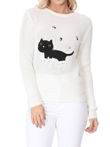 YEMAK Women Cute Black Cat Applique Crewneck Long Sleeve Knit Pullover Sweater