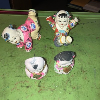 Set of 4 Antique Asian Painted Porcelain Figures
