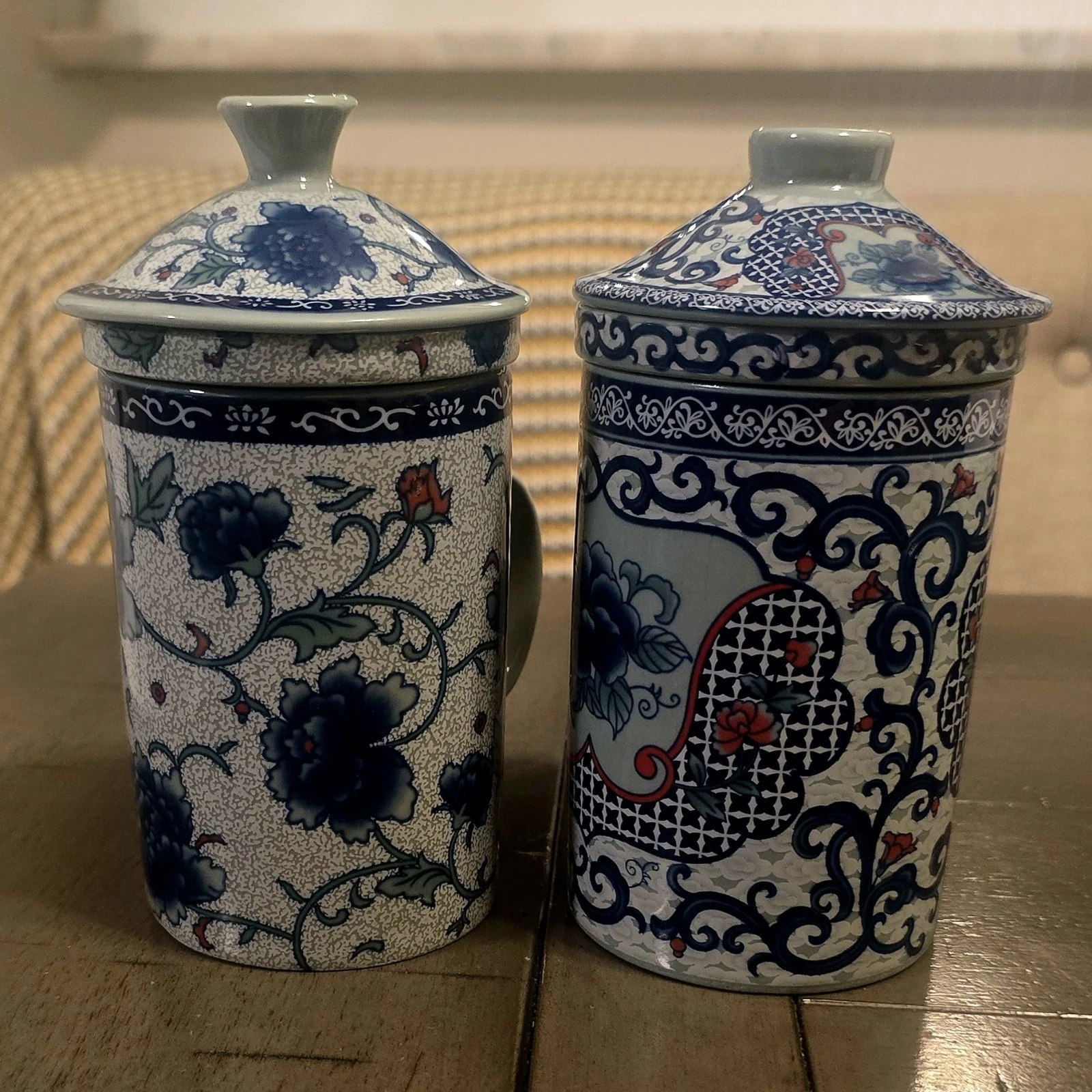 Chinese-Inspired Blue & White Porcelain Tea Infuser Mug Set with Lids & Strainer