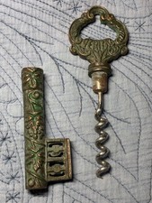 Vintage Key Corkscrew In Vino Veritas Wine Bottle Opener Brass Verdigris 5” Gift