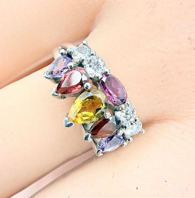 Karis Signed Sterling Silver Multi Lab Stones Rainbow Cluster Cocktail Ring Sz 9