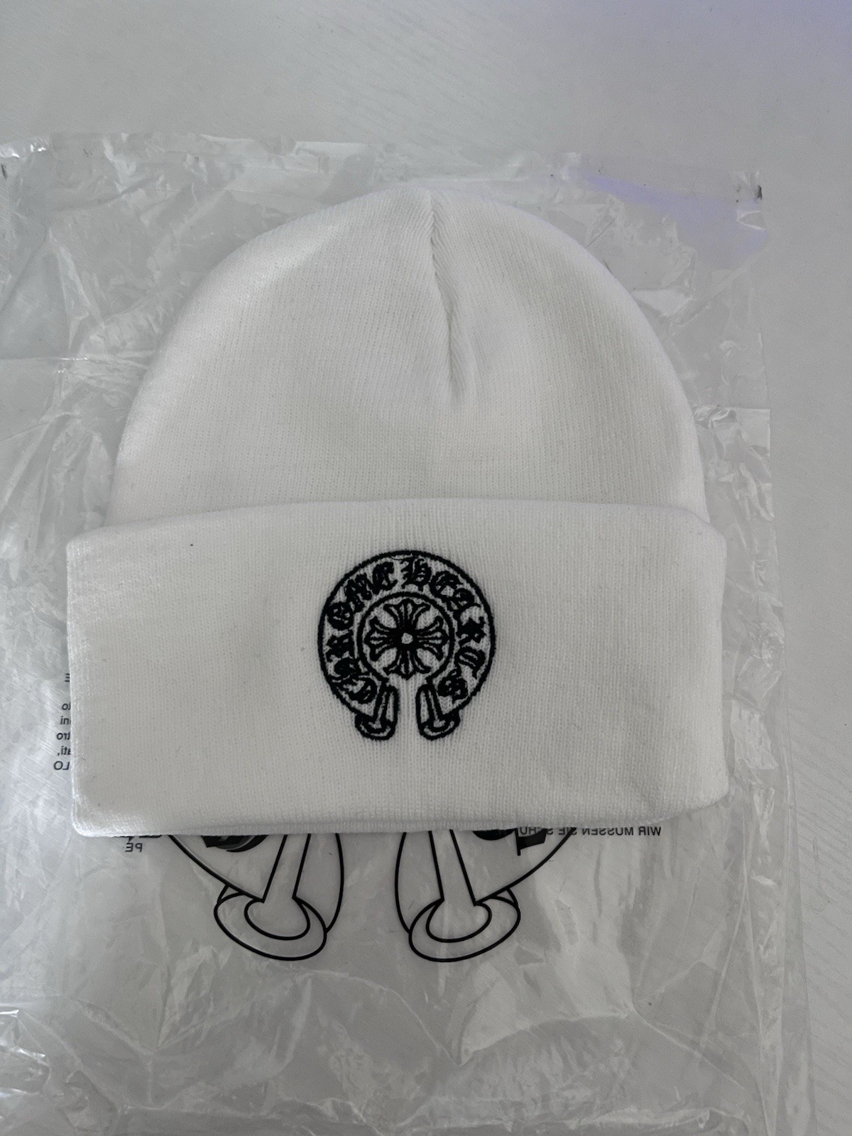 Chrome Heart white beanie with black logo