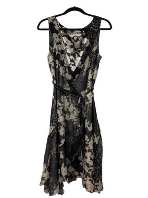 VTG Floral Black & Cream Silk WrapDress (Size 8)