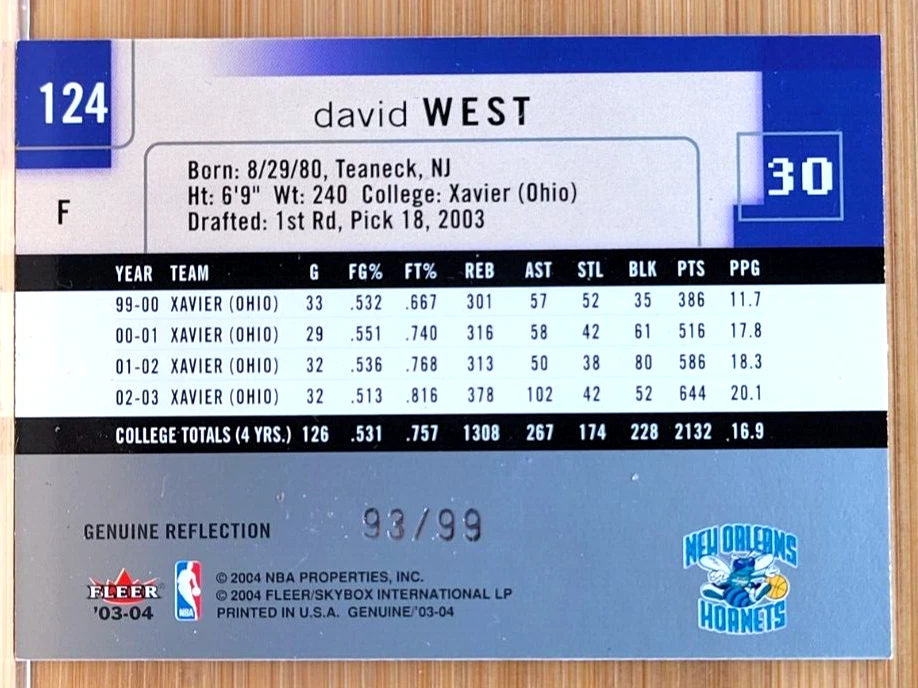 2003-04 Fleer genuino Insider David West #D/99 genuino reflejo novato Foto 2 de 2