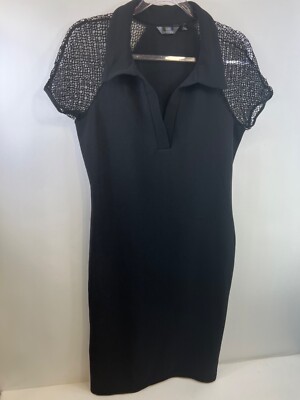 Mlle Gabrielle Dress Women's L Black Wide Weave Raglan Sleeves V-Neck