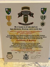 U.S. ARMY - 75TH RANGER / I CO 1ST ID / LRP F-52(VIETNAM) CERTIFICATE OF SERVICE