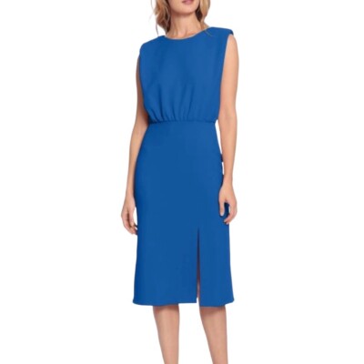 Donna Morgan Blue Retro Blouson Bodice Midi Dress Front Slit Career Size 2 NWT