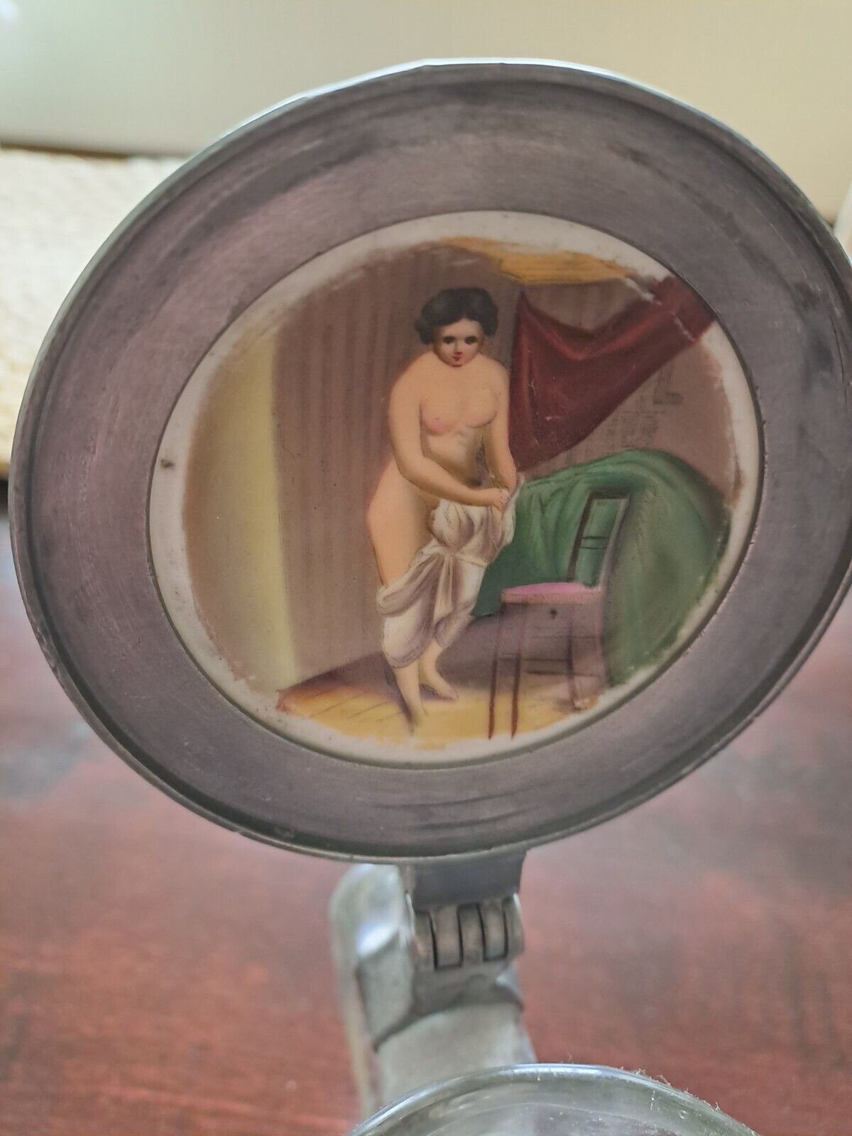 Bierkrug Glaskrug mit Porzellandeckel Erotik um 1900