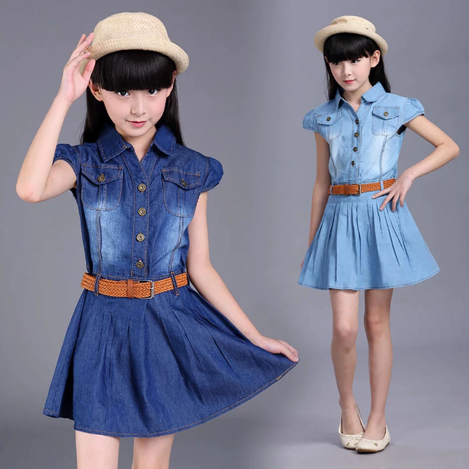 Children Kids Denim Cowboy Dress For Teens Girls Summer 4-10 years