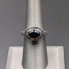 Vtg Sterling Silver Signed Oval Black Onyx Asian Design Solid 925 Ring - Sz 7