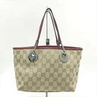 Gucci 120844 Mini Tote Bag Beige Bordeaux GG Canvas Leather 7.9x6.3x3.9 in