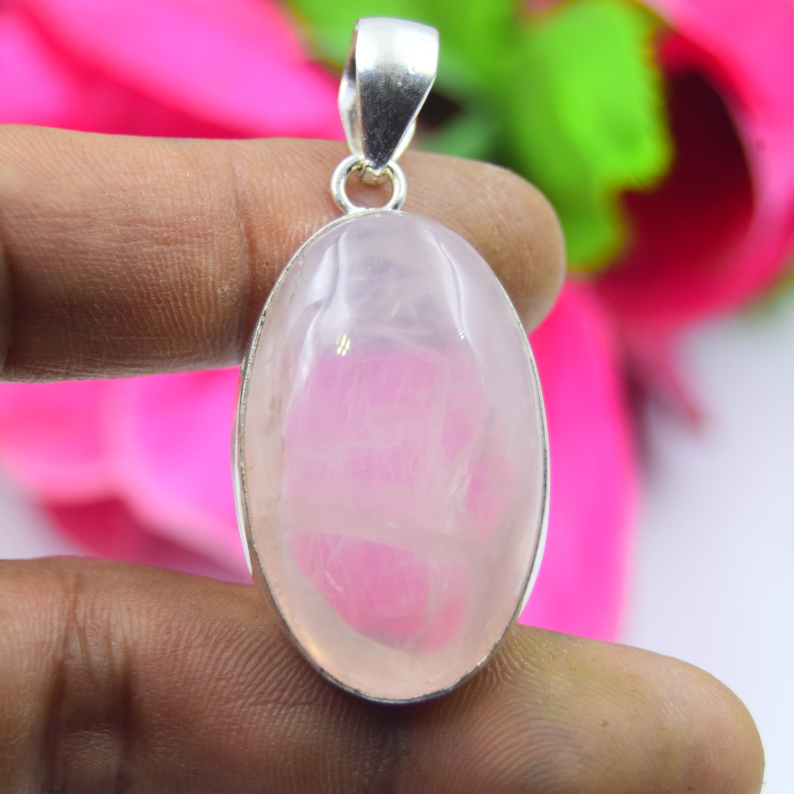 Natural Rose Quartz Gemstone 925 Sterling Silver Jewelry, Handmade Pendant Gift