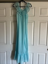 Vintage Spotlight M Nightgown USA Sheer Ruffled Neck W/Bow Ruffled Hem Icy Blue