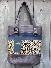 Myra Bag Cowhide Leather Canvas Print Tote Bag - 9" x 10"