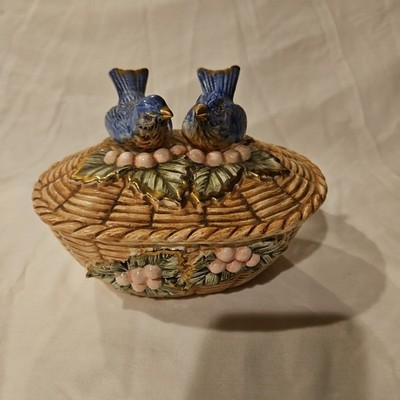 Ceramic Large Trinket Dish Blue Birds Berries