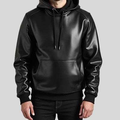 Balck Genuine Leather Hoodie Men s Handmade Premium Jacket Streetwear