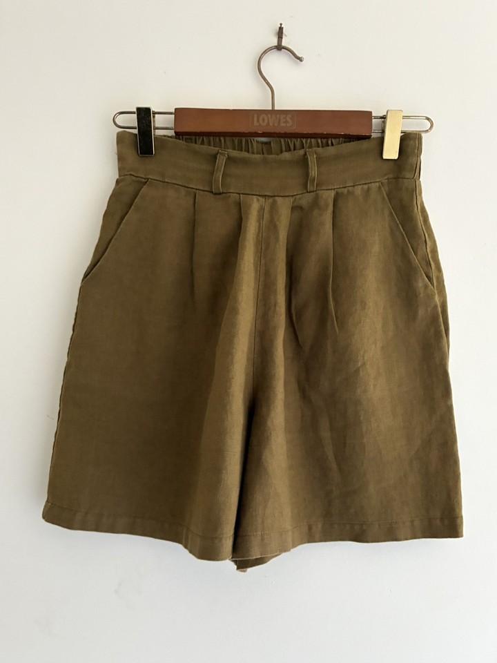 Tirelli Linen Shorts Olive XS Elastic Back Pleated Front Pockets