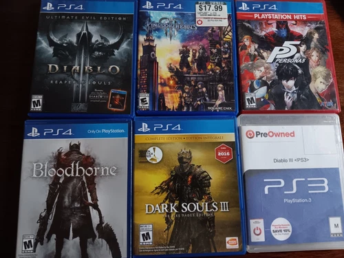 PlayStation 4 & 3 Game Lot: Bloodborne, Diablo III, Dark Souls III, Kingdom Hea…