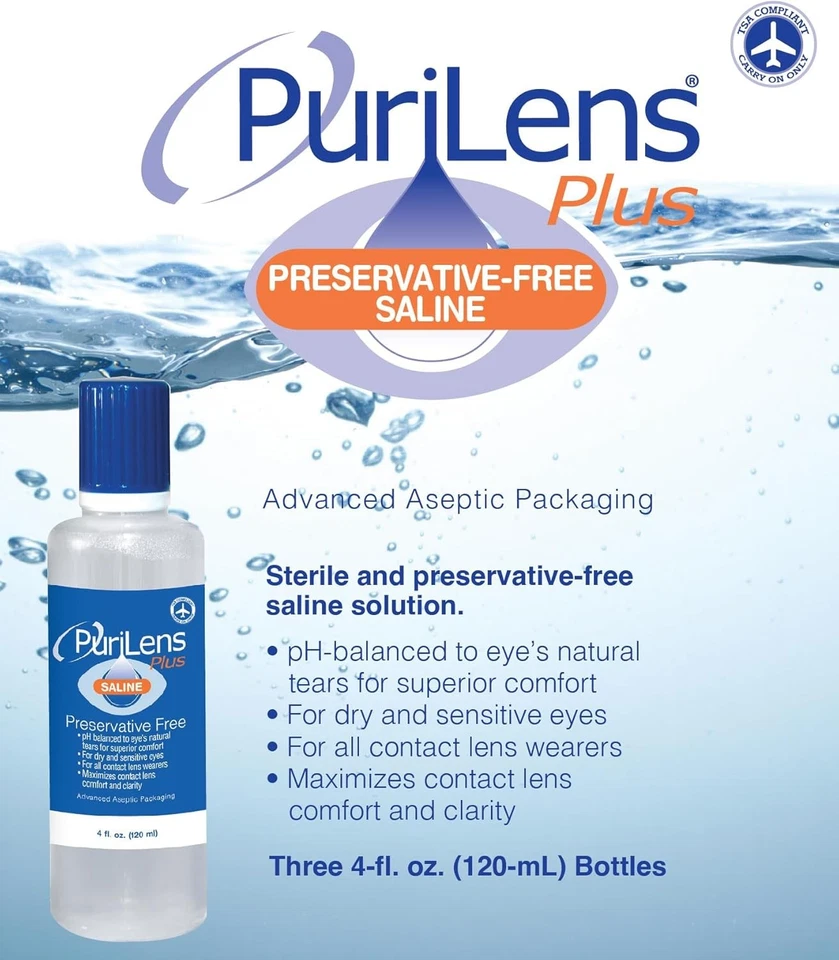 Lentes de contacto salinas Purilens Plus sin conservantes 120 ml (4 fl. oz.) Pack 12 Foto 2 de 4
