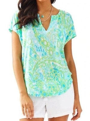 Lilly Pulitzer Duval Top Women Size Large Pool Blue Any Fins Possible 100% Linen