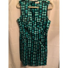 Calvin Klein Teal Black Geometric Grid Sleeveless Sheath Dress Size 12 Pocket