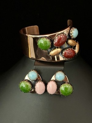 MATISSE RENOIR Earrings Bracelet Demi-Parure Multi-Color Cabochons Copper