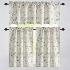 3-Piece Kitchen Curtain Set with Vines Embroidery, Light Filtering Green