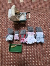 1985 Sylvanian Families Mouse family, cot, bottle and pram