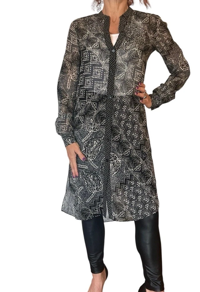 BCBG MAX AZRIA GEOMÉTRICA SEMI TRANSPARENTE CHIFÓN TÚNICA LARGA TAPA CAFTÁN XXS Foto 3 de 4