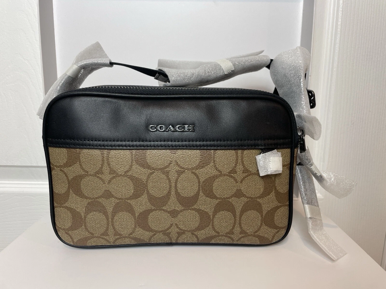 Coach C4149 Uomo Graham Tracolla Firmata Tela e Pelle Cachi Nero Nuovo con etichette