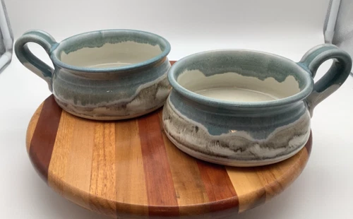2 Studio Pottery Soup Bowl Mugs Signed 5.5” Handle Beautiful Blue/ Gray Glaze
