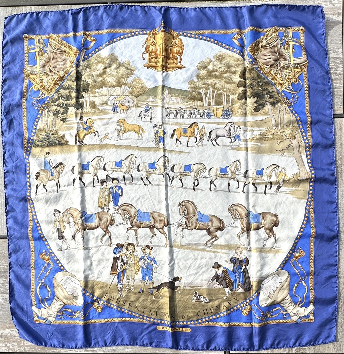 Vintage Hermes Blue Presentation de Chevaux Horse Silk Scarf