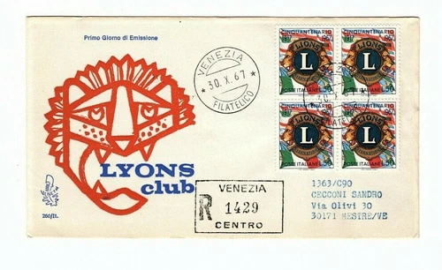 ITALIAN REPUBLIC ENVELOPE FDC VENETIA LYONS CLUB POST 1967 WITH ARRIVAL STAMP
