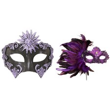 Purple Roman Greek Emperor Side Feather Lace Couple Masquerade Masks