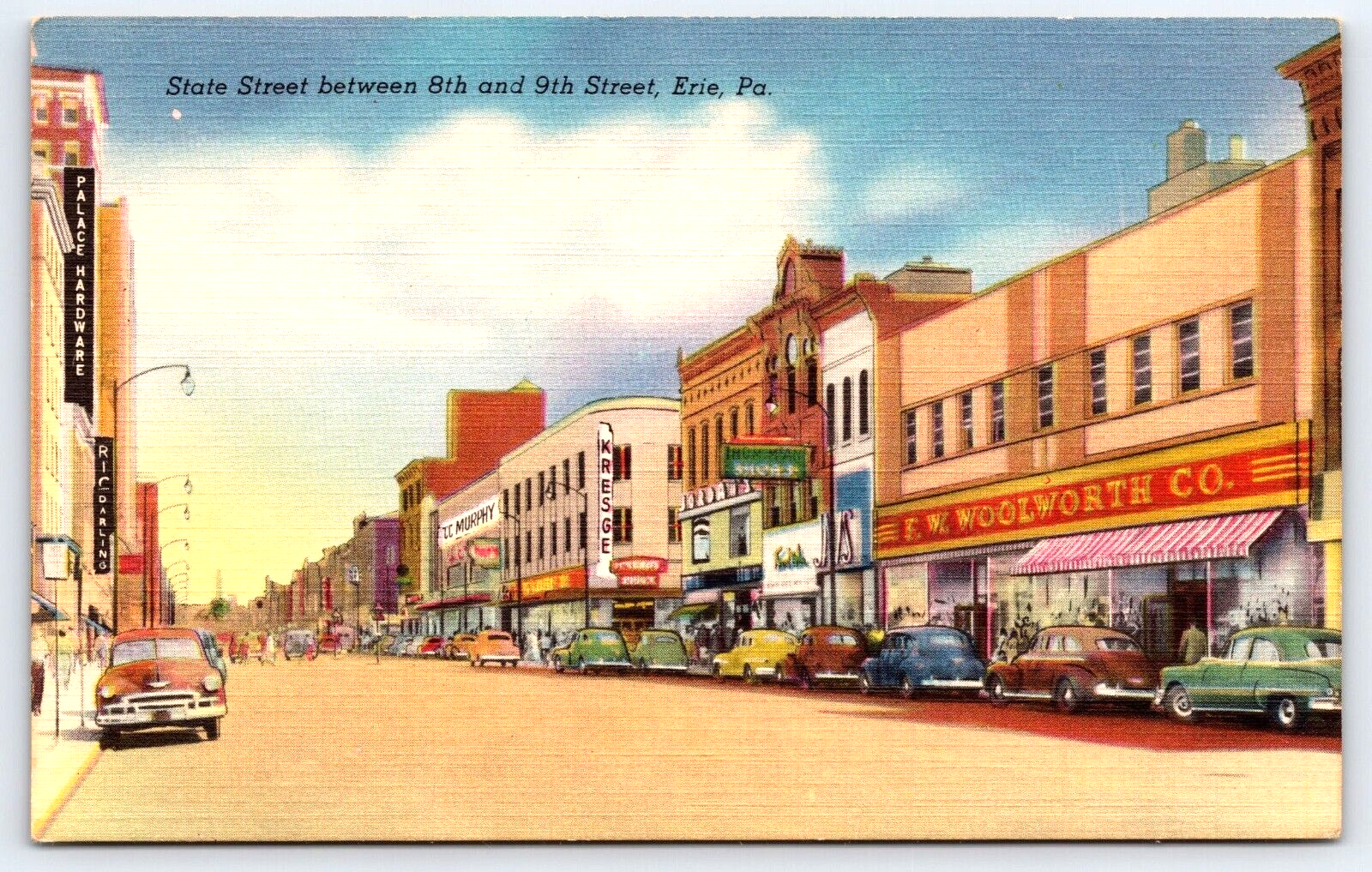 VINTAGE OLD ANTIQUE POSTCARD STATE STREET CARS STORES SIGNS ERIE PENNSYLVANIA