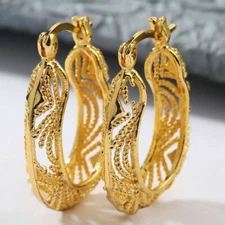 Awesome New Yellow Gold Plated Filigree Cutout 1.25" Oval Hoop Earrings