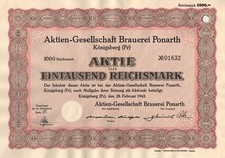 Brauerei Ponarth K&ouml;nigsberg , Kaliningrad - Ostpreu&szlig;en - 1.000 RM - 1942 -