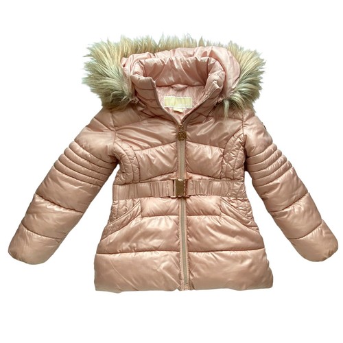 Michael Kors Girl’s Sz 4 Pink Puffer Winter Coat Faux Fur Removable Hood Quilted - Picture 2 of 18