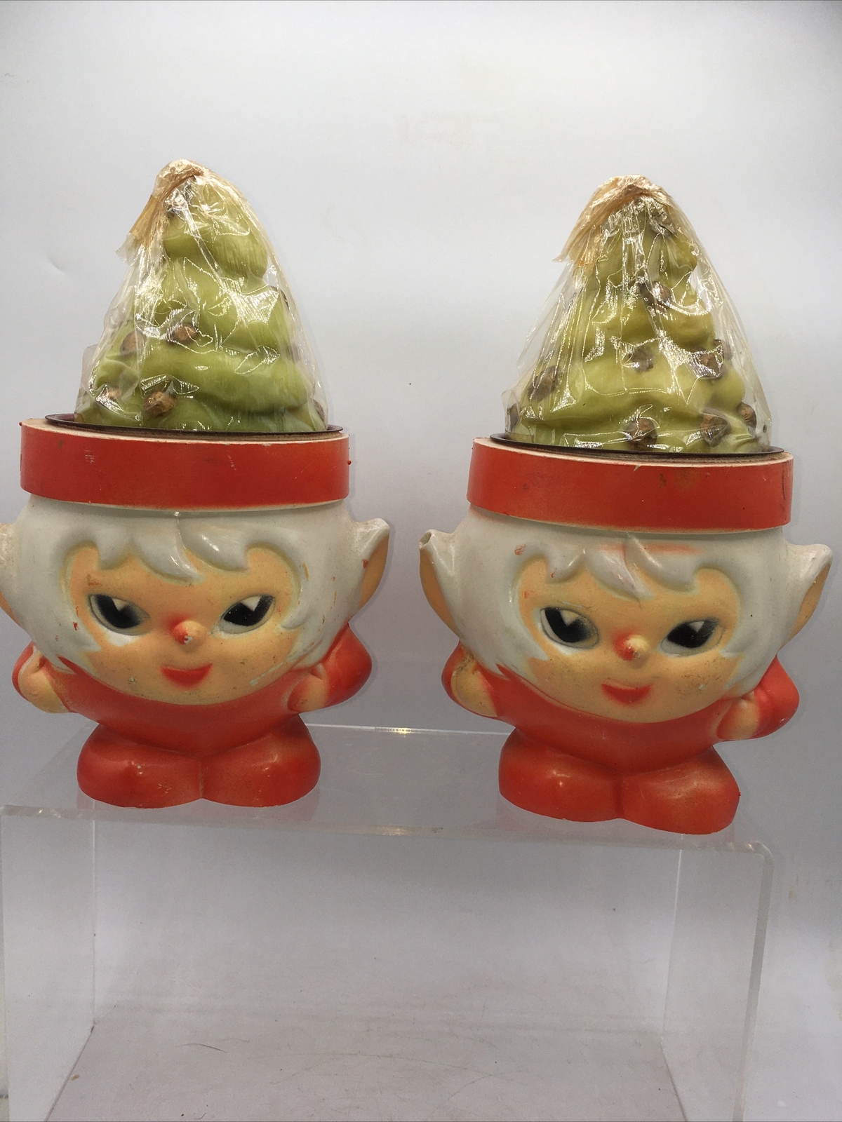 Vtg Kitschy Christmas Tree Elf Candle Holder Plastic Metal 7.5x4.5” Hong Kong