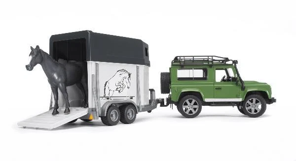 Bruder 02592 Land Rover Defender mit Pferdeanhänger und 1x Pferd Modellfahrzeug