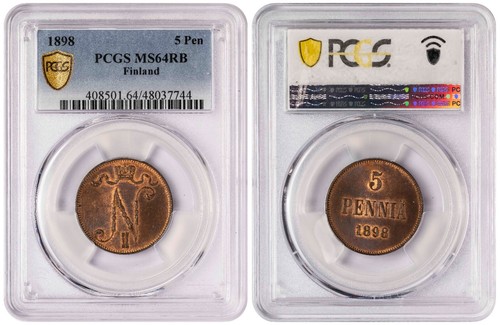 i-650474 Finland 5 Pennia 1898. PCGS MS 64 RB. TOP POP: The finest graded by PCG