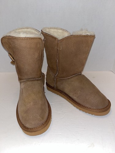 UGG Mi Woolies Button Boots Damen 5 Leder Wollfleece Walnut Neuseeland