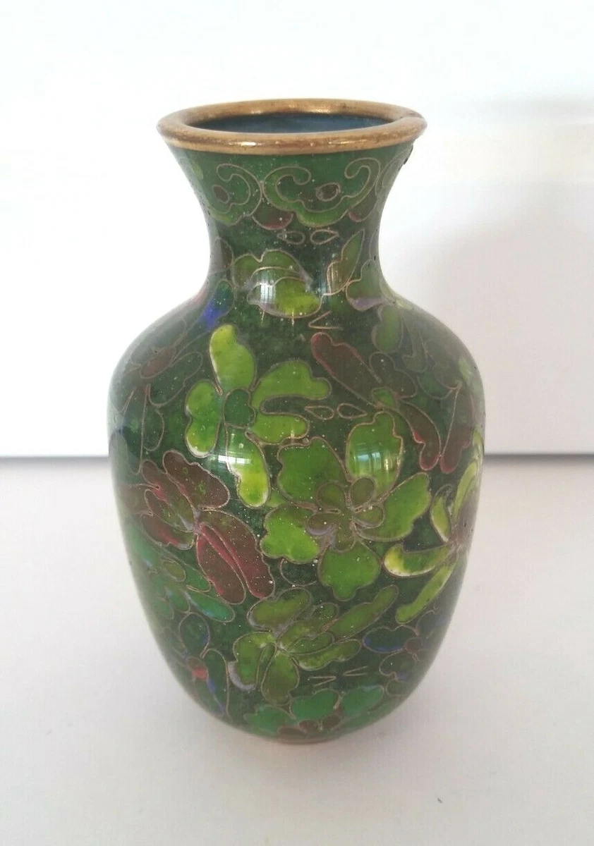 Chinese Vintage Stunning Cloisonne Green Vase-Floral Pattern + Rosewood Stand