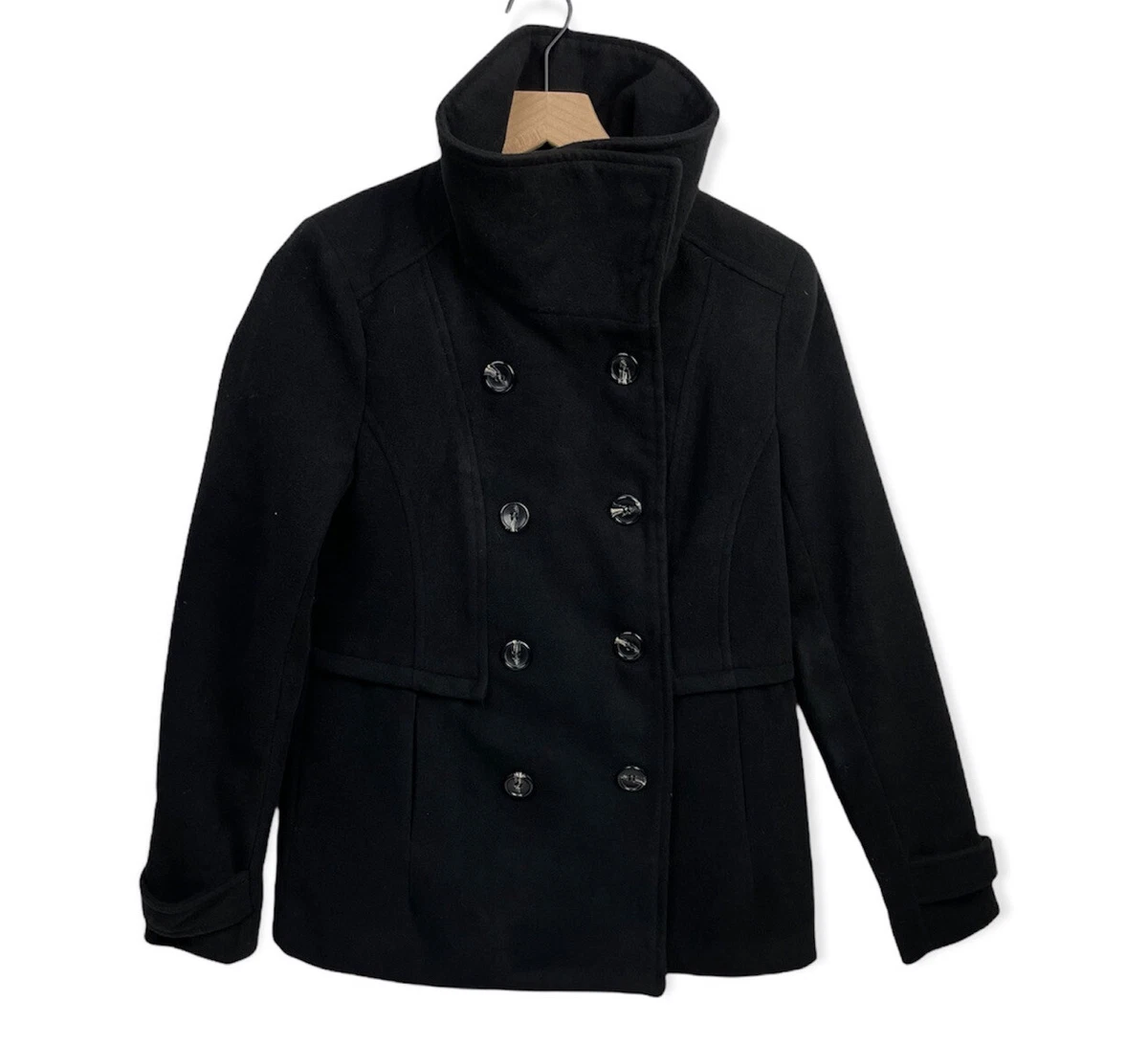 NWT Forever 21 Juniors Black Small Long Sleeved Collared Breasted peacoat Coat S